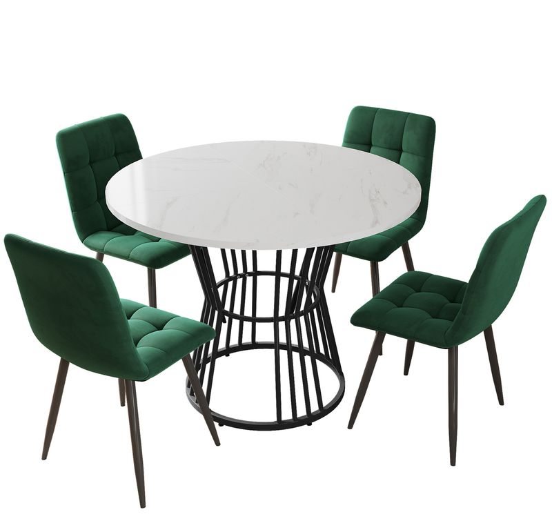 Set 5-teiliges Esstisch, Ronder Tisch (Ø100 Cm) Mit Schwarzen Beinen, Weiße Platte, 4 Grüne Samtstühle_voghion.com