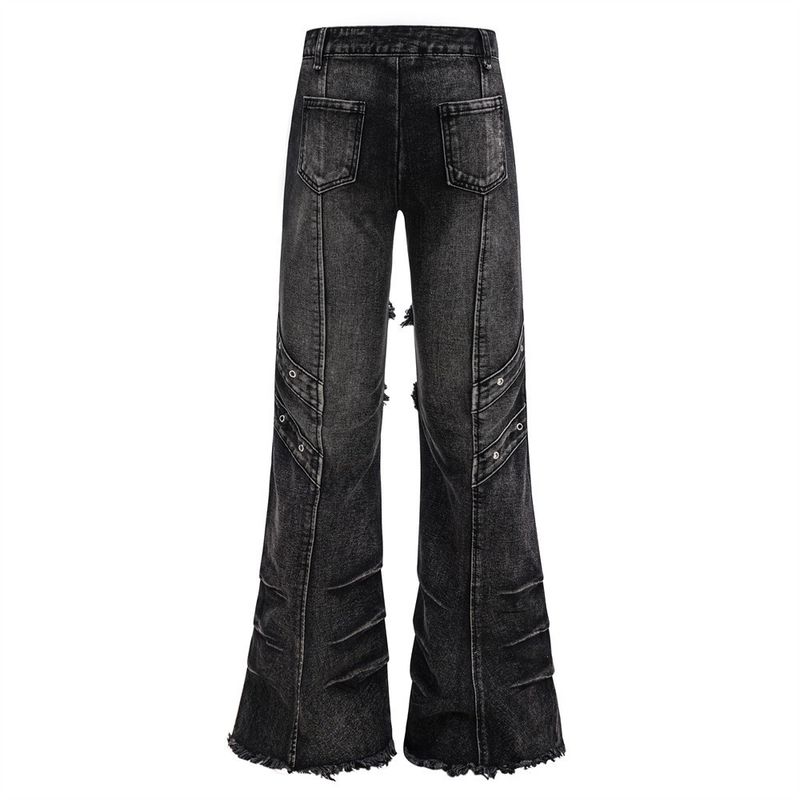 Men's Deconstructed Workwear Jeans - Raw Hem Bootcut Pants With Lace-Up Detail (Charcoal, S-3XL)_voghion.com