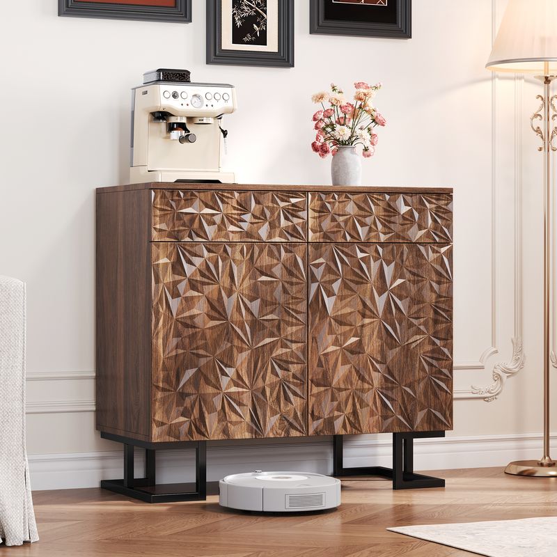 Credenza Kommode 80x78cm Walnussoptik Mit Blattrelief, 2 Schubladen & 2 Türen, Metallbeine_voghion.com