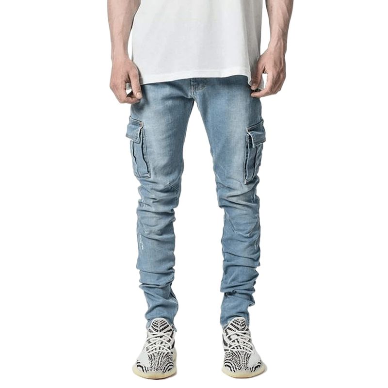 Mode Streetwear Zerrissene Dünne Jeans Männer Seite Mulit Taschen Denim Cargo Hosen Slim Fit Pantalones Hombre Weiche Elastische Jogger_voghion.com