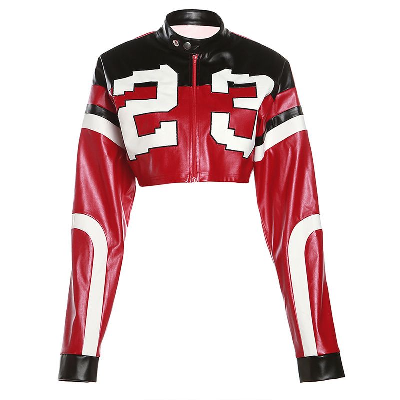 Giacca in pelle slim fit con patchwork ricamata a blocchi di colore, nuova moda estiva da donna 2024_voghion.com
