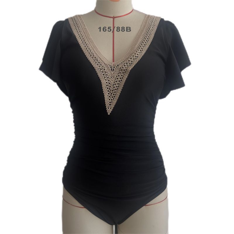 Naisten vaatteet, naisten muoti, huippuluokan seksikäs haalari, yksivärinen, pitsikauluksella varustettu, liitososainen uimapuku_voghion.com