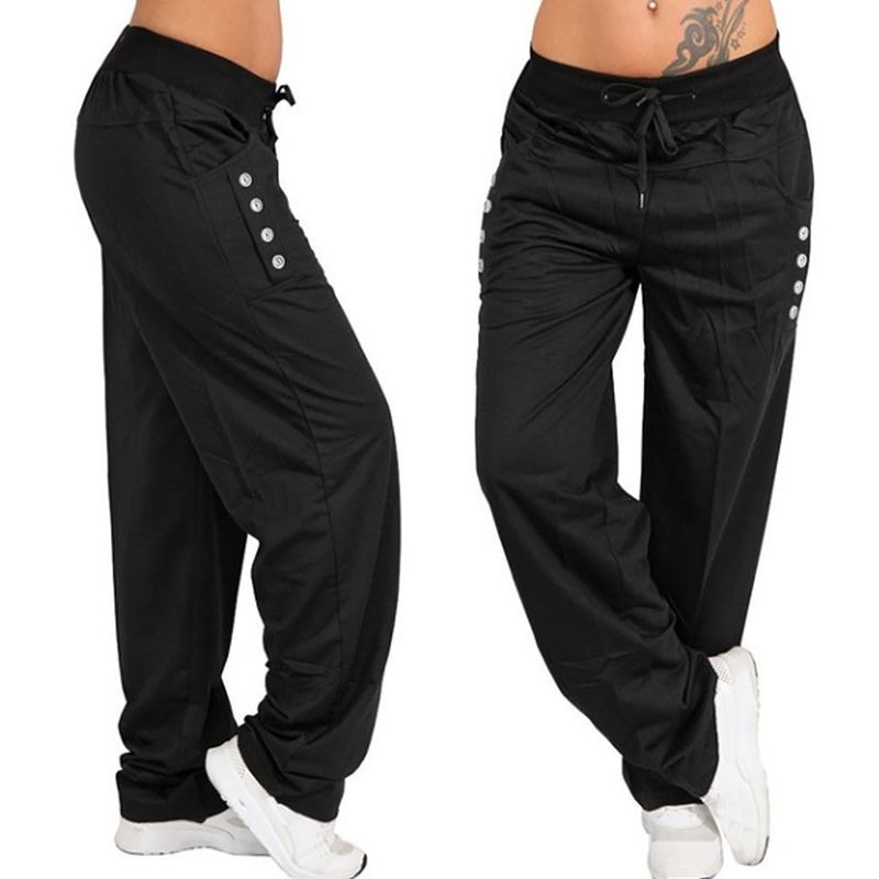 Pantalones deportivos de talla grande para mujer, de color sólido, con cordón, largos, informales, holgados, con cintura elástica, pantalones activos, pierna ancha_voghion.com