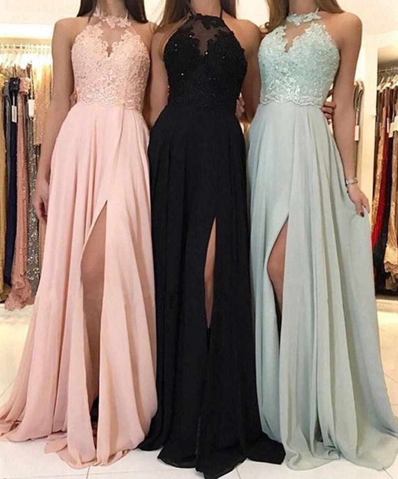 Damen Kleidung Neckholder Spitze Chiffon Kleid Ball Abendkleid Schlitz Langes Kleid Neu_voghion.com
