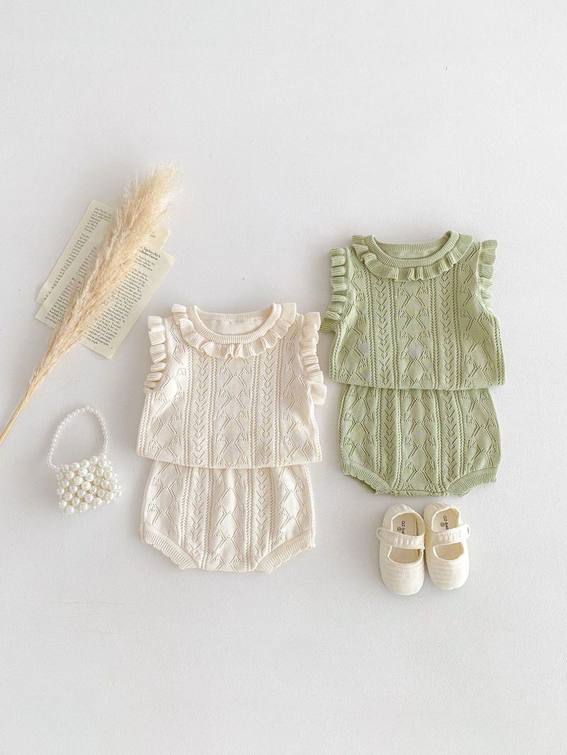 Vêtements d'été pour bébés filles, version coréenne, pull tricoté, col en dentelle, haut, short, ensemble princesse fin_voghion.com