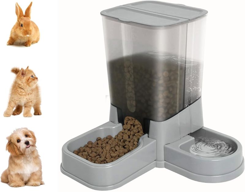 Katzenfutterspender, 2-en-1 Abnehmbarer Schwerkraft-Futter- Und Wasserspender Für Katzen Und Kleine Hunde (Grau)_voghion.com