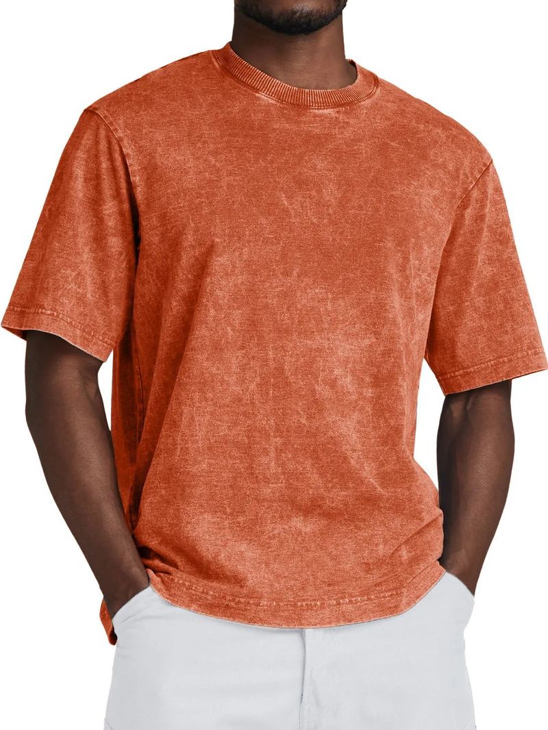 Camiseta vintage de algodão lavado para homens - ajuste macio e relaxado, respirável e confortável, gola redonda clássica, uso casual diário_voghion.com