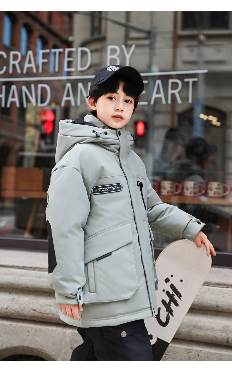 Mother & Kids Warm & Stylish Boys' Long Down Jacket With Hood - Soft Duck Feather Filling, High Waist Design, Winter Coat For Kids (Black, Beige)_voghion.com