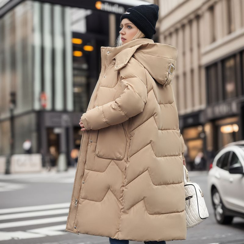 Damen Steppjacke mit abnehmbarer Kappe, mittellang, über dem Knie, verdickte warme Jacke_voghion.com