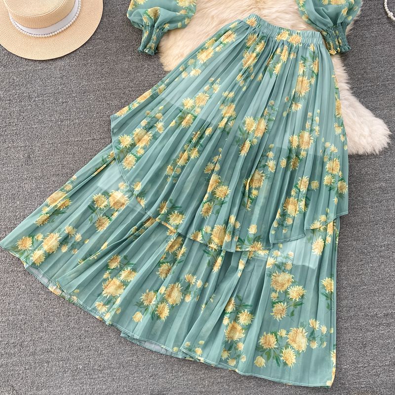 Women's Clothing light mature style, lantern long sleeves, bowknot, loose printed chiffon shirt, two-piece suit, high waist skirt_voghion.com