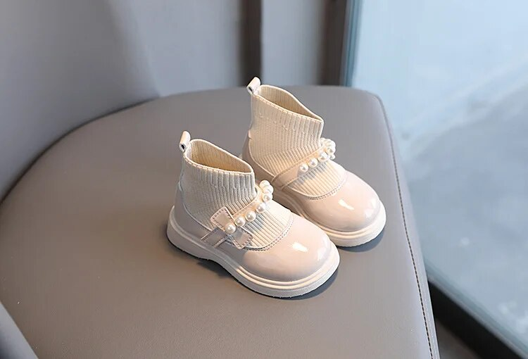 Girls Princess Autumn Winter Children Thin Cashmere Lined Sock Toddler Fashion Beading Leather Boots Non-slip Shoes_voghion.com