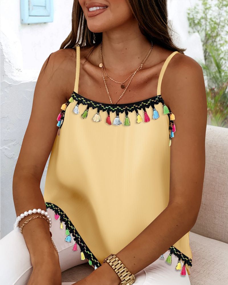 Trendy Fringe Trim Sleeveless Top For Women - Lightweight Polyester, Elegant & Stylish, Boho Chic, Versatile Casual Wear_voghion.com