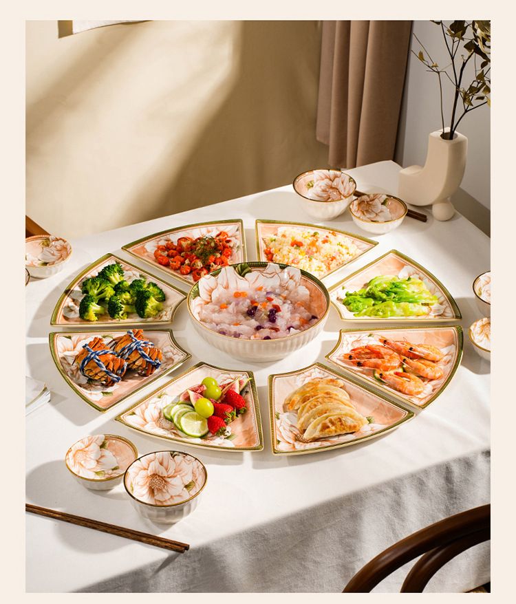 Nordic Camellia Floral Ceramic Dinnerware Set – Irregular-Shaped Serving Plates & Bowls For Family Gatherings & Festive Meals_voghion.com