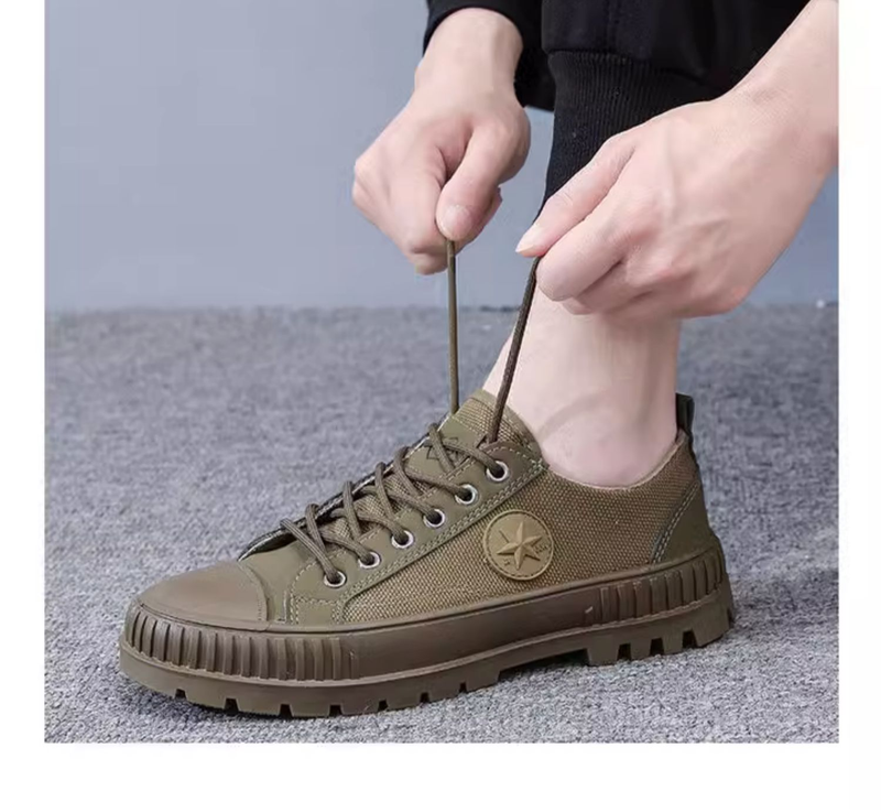 Jiefang Herrenschuhe aus verschleißfestem, rutschfestem Canvas für die Freizeit auf der Baustelle, spezielle gelbe Gummischuhe_voghion.com