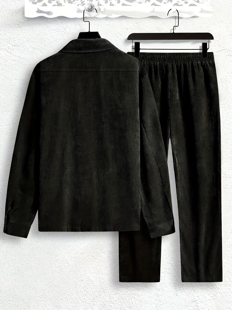 Herrenbekleidung Herren Langarm Revers Hemd Hose Freizeitanzug_voghion.com