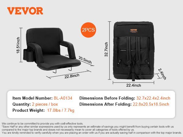 VEVOR Stadium Seat With Back Support, Wide Bleacher Seat Backs, Folding Padded Cushion Stadium Chair, Portable Reclining Chairs With Hook Pocket Cupholder, Ideal For Sport Event Beach Concert (2 Set)_voghion.com