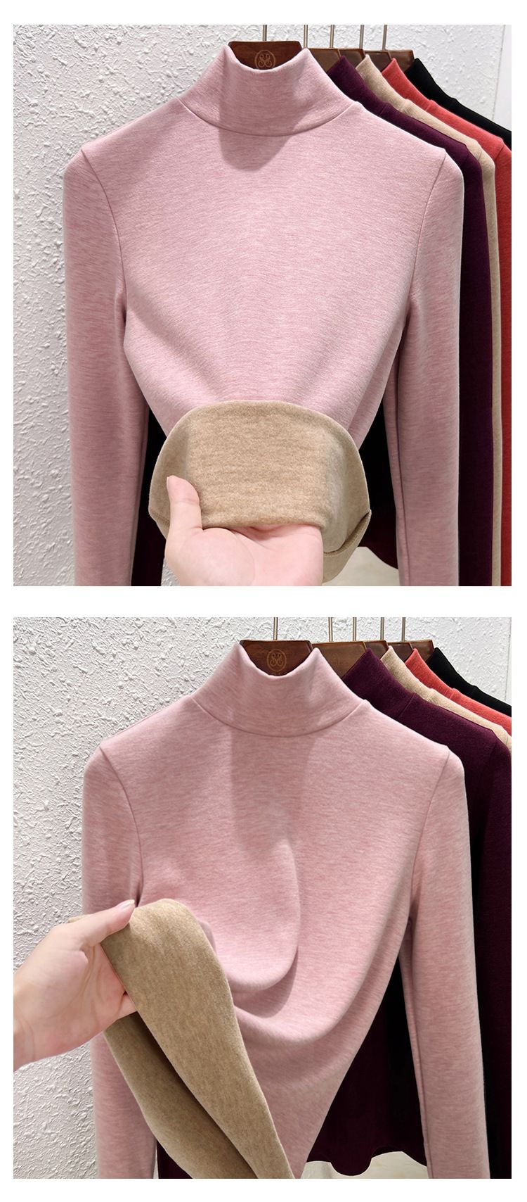 Haut à col roulé thermique en cachemire et soie pour femme - Doublure polaire douce - Manches longues chaudes pour l'hiver (options col haut/milieu/montant)_voghion.com