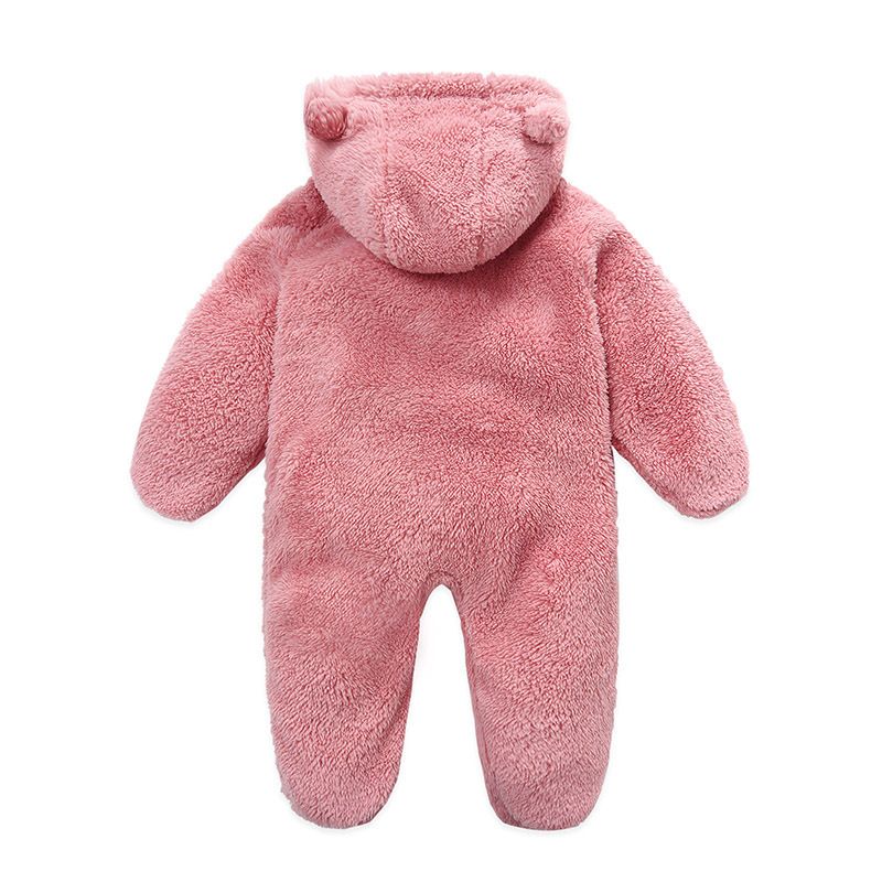 Soft Fleece Hooded Baby Jumpsuit With Mittens - Unisex Cartoon Style Infant Romper For Newborns - Cozy Zipper Closure, Long Sleeve, Neutral Colors_voghion.com