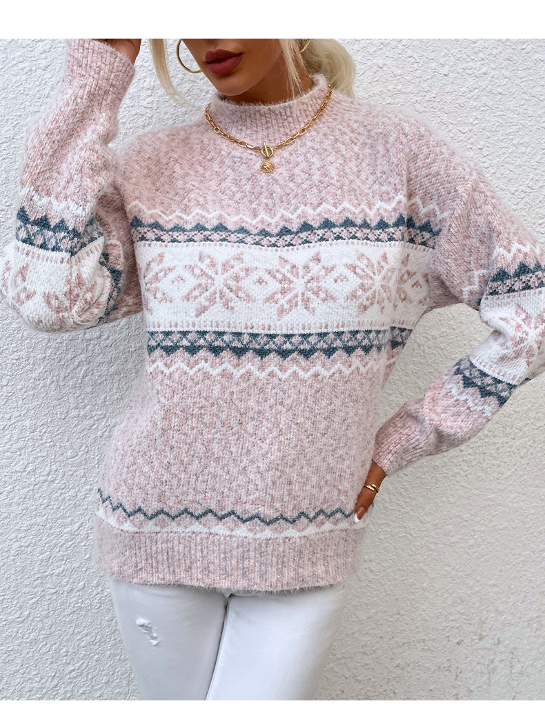 Pull de noël automne et hiver, demi-col roulé, pull flocon de neige pour femmes_voghion.com