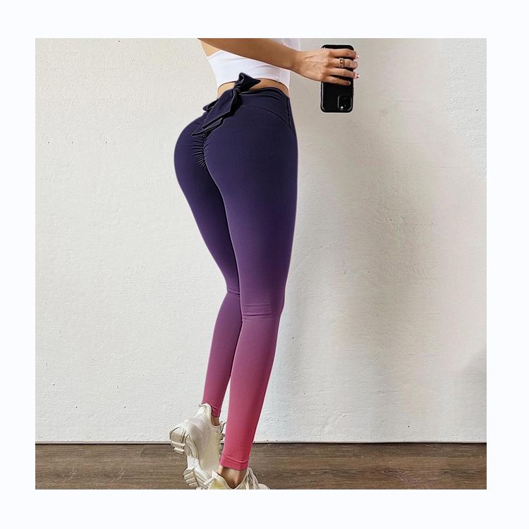 Pantaloni da yoga da yoga da donna con stampa multicolore antirughe sull'anca, dimagranti a vita alta, con fiocco elasticizzato_voghion.com