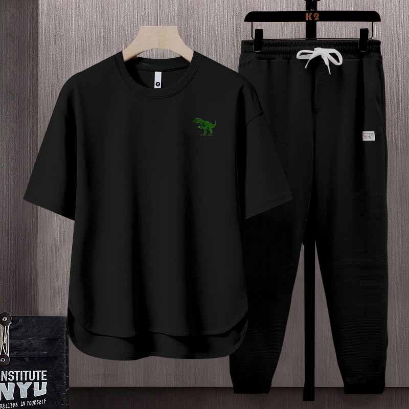 Abbigliamento da uomo Abito da uomo a maniche corte con stampa di piccoli dinosauri con scollo rotondo e orlo ampio, abito a due pezzi alla moda e versatile_voghion.com