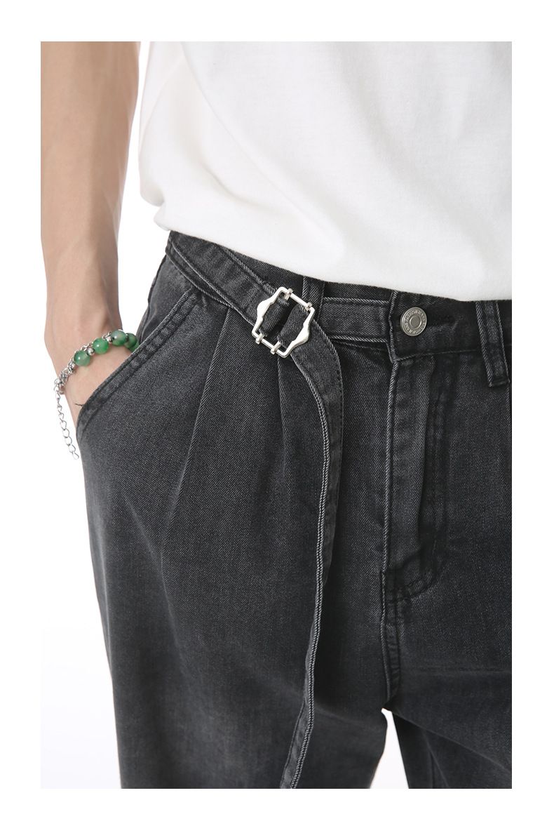 Men's Clothing | Summer New Loose Whitening Simple Belt Denim Pants Trend_voghion.com