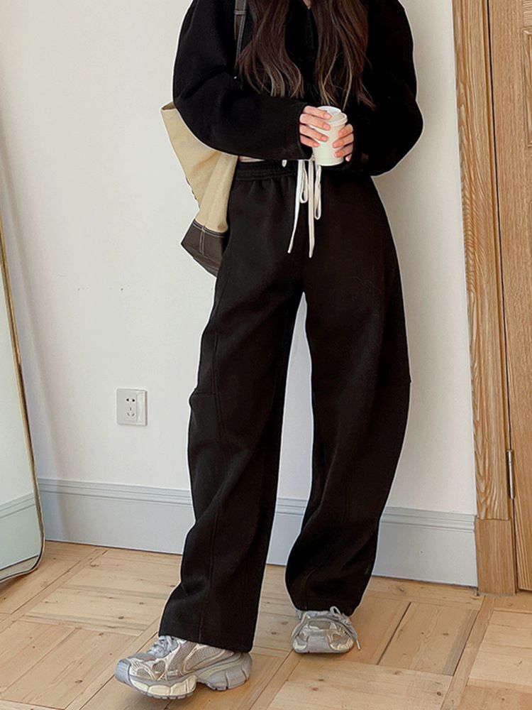 Pantaloni da jogging da donna con coulisse, foderati in pile e vita alta, vestibilità ampia, casual, in misto cotone (bianco, nero) Taglie S/M/L_voghion.com