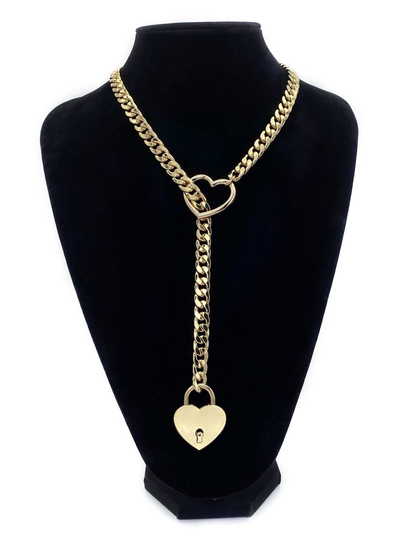 Collana lunga cubana punk rock con anello a forma di cuore in ottone placcato oro autentico, di tendenza hip hop e di tendenza._voghion.com