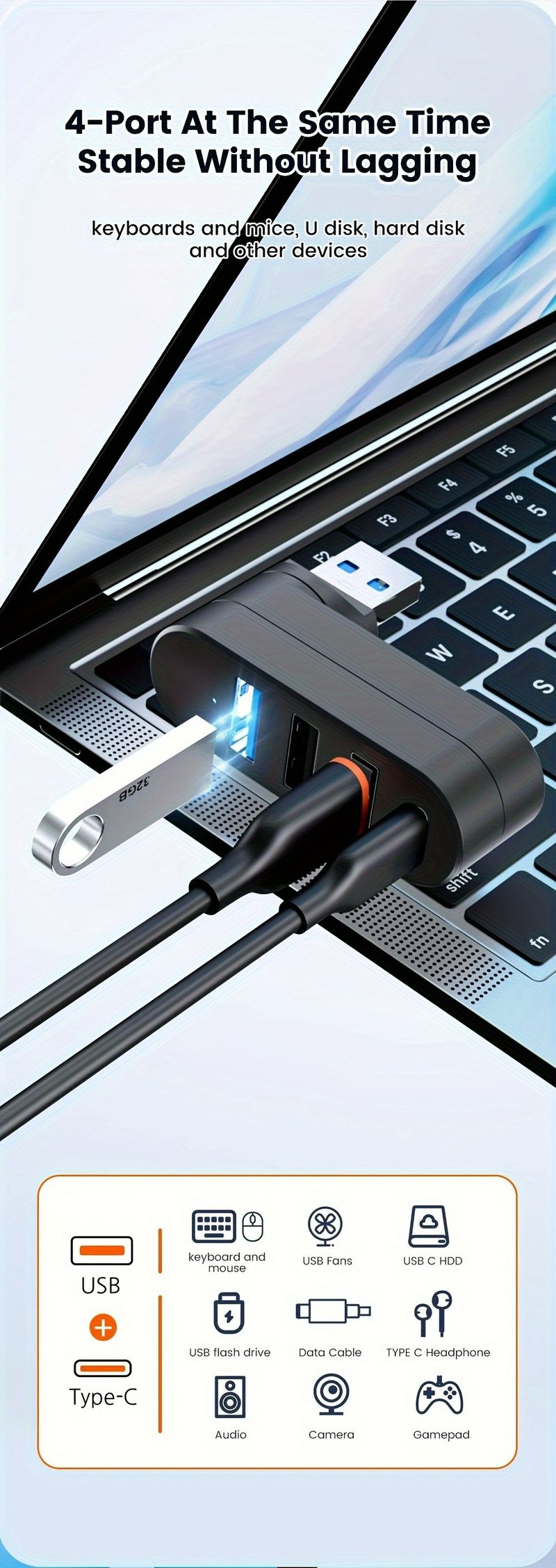 4 IN 1 180 Degree Rotation Port Multi Type-C Splitter Power Adapter Multiple Expander 2.0 USB 3.0 Hub For PC_voghion.com