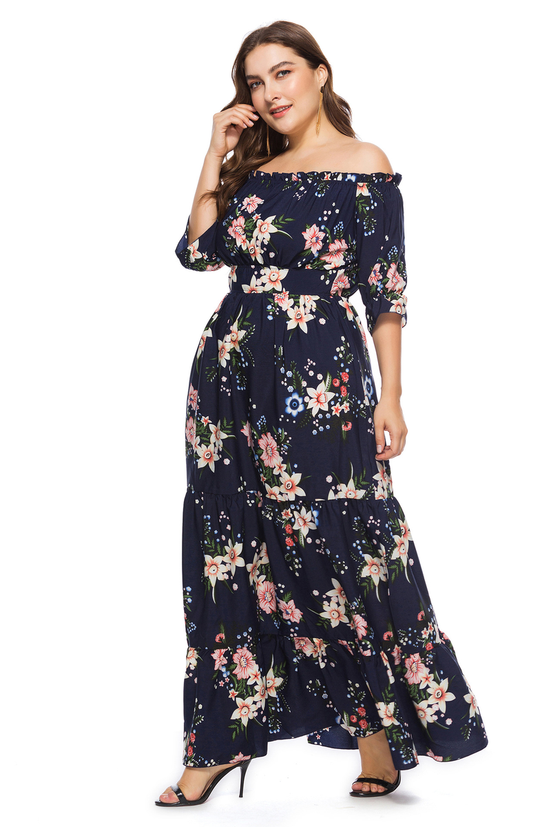 Kadın Büyük Beden Elbiseler Yaz Tek Çizgi Yaka Boho Elbise_voghion.com