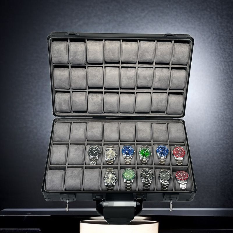 Hochwertige Uhrenbox aus Aluminiumlegierung mit Sichtfenster – Luxuriöses Uhren-Etui mit 24 Fächern, doppelter Öffnung, Innenausstattung aus grünem Samt_voghion.com