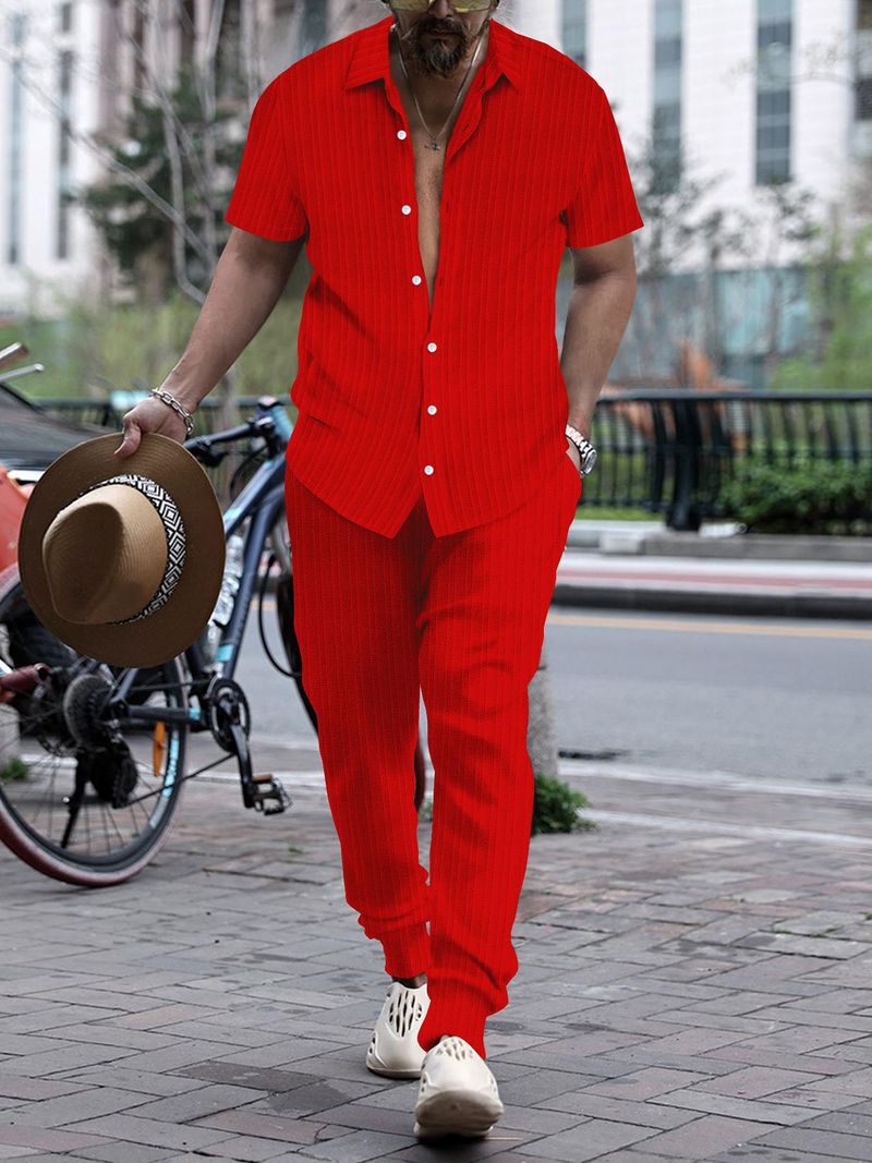 Zweiteiliges Sommer-Set für Herren, dünn, lässig, Revers, einfarbig, Micro-Stretch-Hemd + locker gestreifte Kurzarmhose, Strandanzug_voghion.com