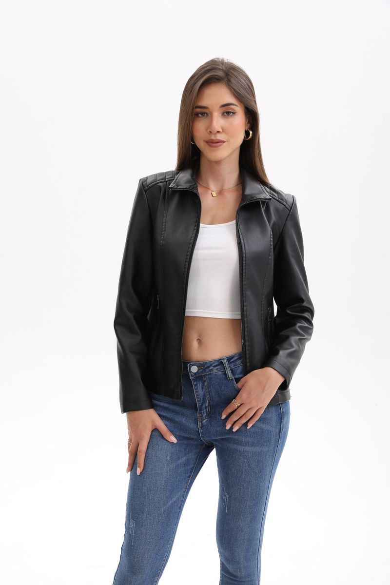 Damenbekleidung Kunstlederjacke mit Strickeinsätzen – Dehnbare kurze Bikerjacke in Schwarz, Camel & Braun | S-XXL_voghion.com