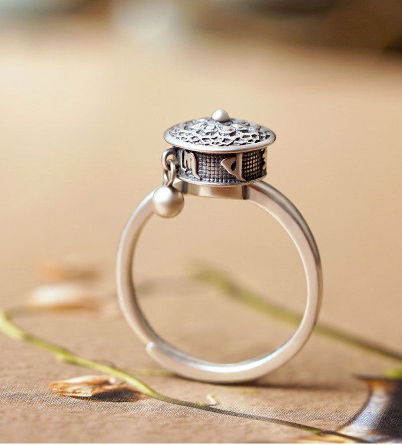 Modni retro budistički šestoliki Sveto pismo okretanje Sutra kotača za muškarce nakit etničko zvono lotosov prsten Sier žene bijou_voghion.com