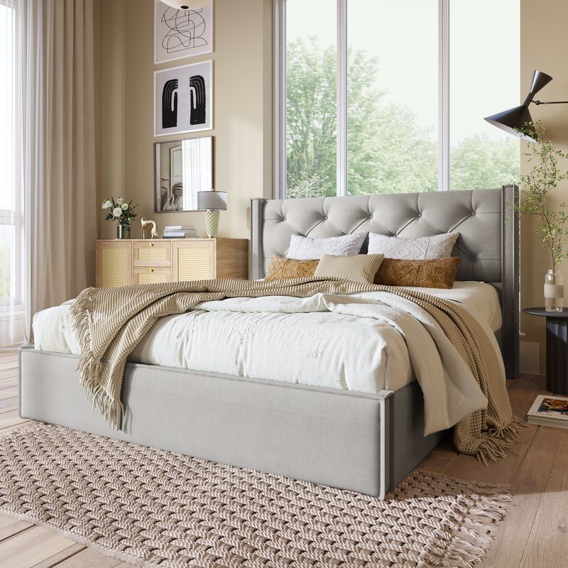 Cadre de lit double coffre hydraulique 140 x 200 cm avec sommier à lattes métalliques, lit moderne rembourré en tissu coton gris clair_voghion.com