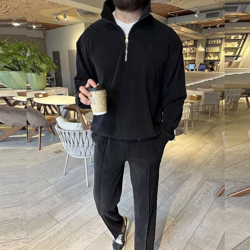 Completo casual da uomo con cappuccio e mezza zip - Felpa leggera in misto cotone con collo alto per primavera e autunno_voghion.com