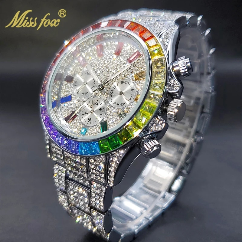 Missfox - Gouden herenhorloge, regenboogdiamanten wijzerplaat, chronograaf met drievoudige wijzerplaat, waterdicht, sportief, elegant_voghion.com