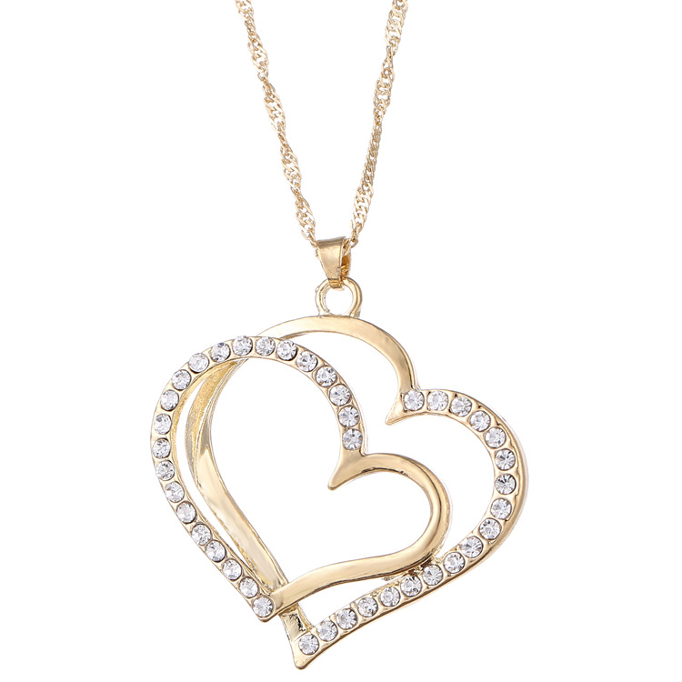 Double Hollow Love Heart Jewelry Set With Pendant Necklace & Drop Earrings & Chain Bracelet Inlaid Shiny Zircon Vintage Style Jewelry Set_voghion.com
