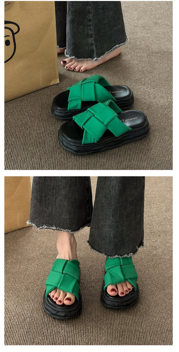 Leder gewebte Flip-Flop-Strandschuhe für den Sommer. Tragen Sie neue Sandalen mit dicken Sohlen für Damen, bequeme und nicht müde Füße_voghion.com