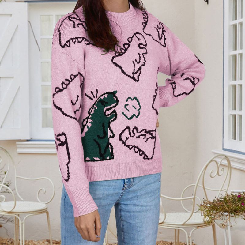 Women's Clothing long sleeved sweater autumn and winter new round neck loose cartoon dinosaur sweater_voghion.com