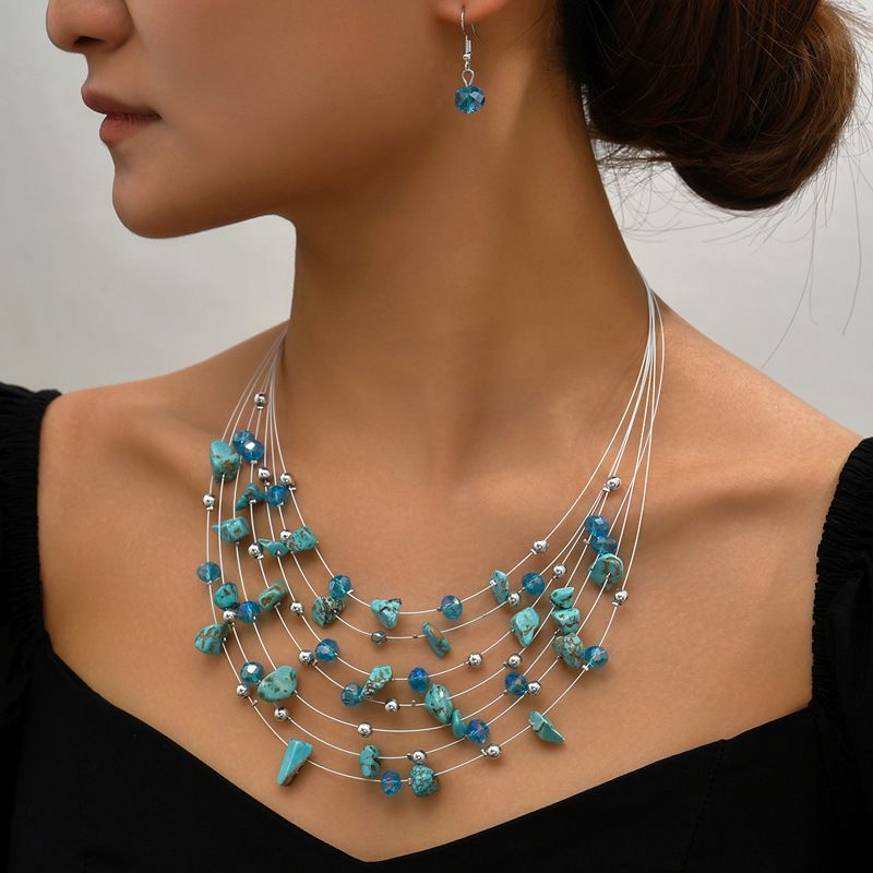 Conjunto de colar e brincos multicamadas de cristal turquesa estilo boêmio exagerado_voghion.com