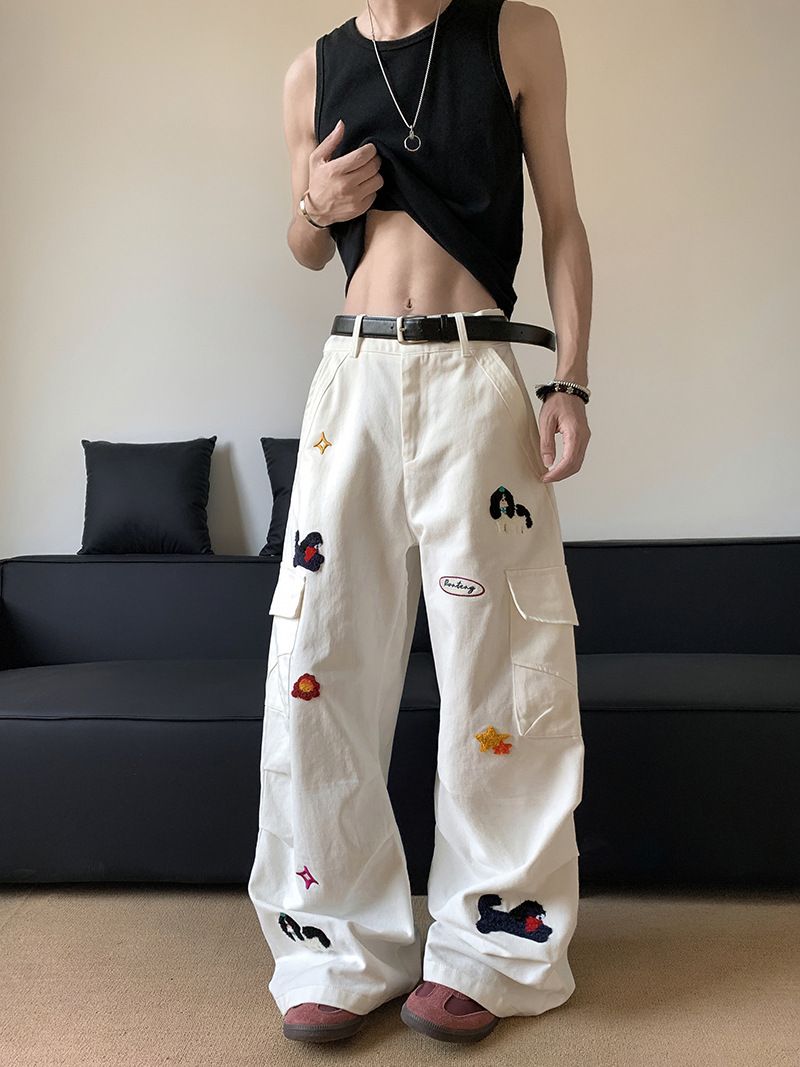 Herrenbekleidung Vintage American Embroidered Dog Weiße Cargo-Jeans für Männer - High Street Loose Straight Leg Hose Embroidered Dog Weiß_voghion.com