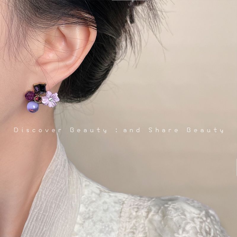 Orecchini pendenti vintage viola a forma di olio, orecchini a bottone con fiori dolci e femminili_voghion.com