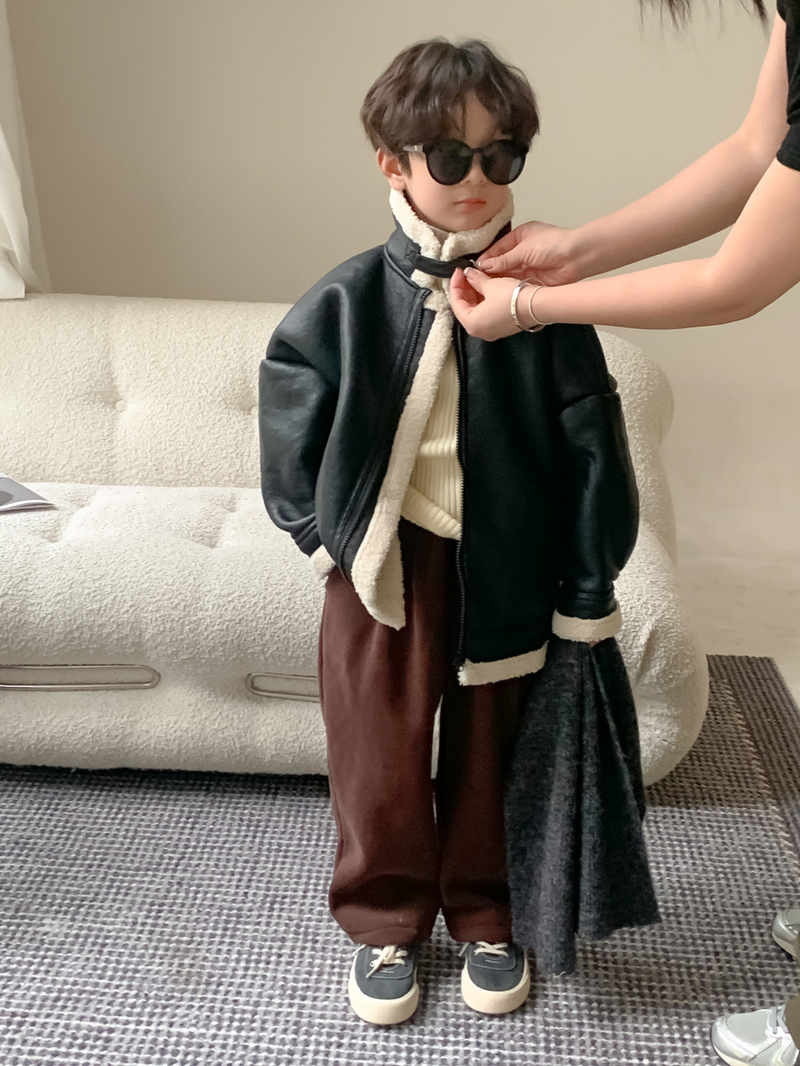 Children's Coat Winter Boy Korean Casual Fur Collar Leather Jacket Children's Extra Zipper Leather Jacket_voghion.com