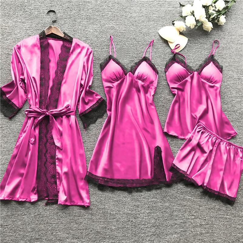 Pijama sexy Midnight Glamour, pijama sexy, conjunto de cuatro piezas, tirantes para mujer con almohadillas para el pecho_voghion.com