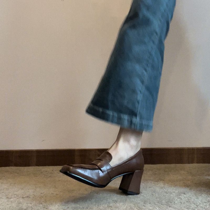 Mocassini eleganti con punta quadrata, stile britannico, con tacco alto e grosso, da donna, autunnali, nuovi, neri_voghion.com