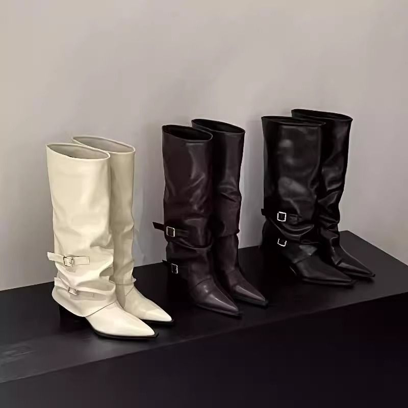 Stivali da equitazione lunghi e morbidi con tacco grosso e punta a punta da donna, autunno inverno 2025, neri_voghion.com