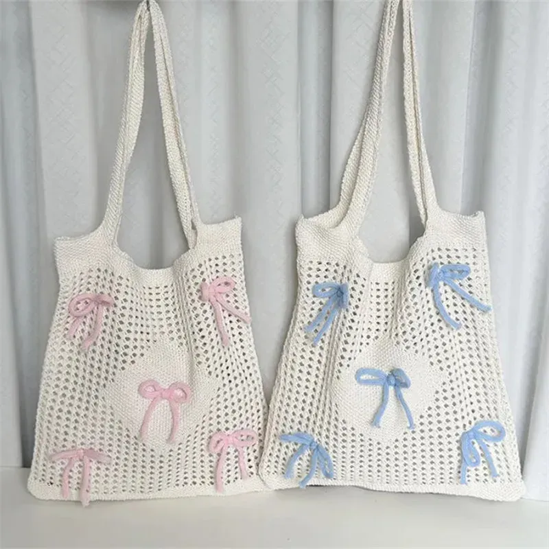 Preppy Style Crochet Tote With Butterfly Accents Solid Color Polyester Shoulder Foldable Fashion Beach Bag 250402_voghion.com