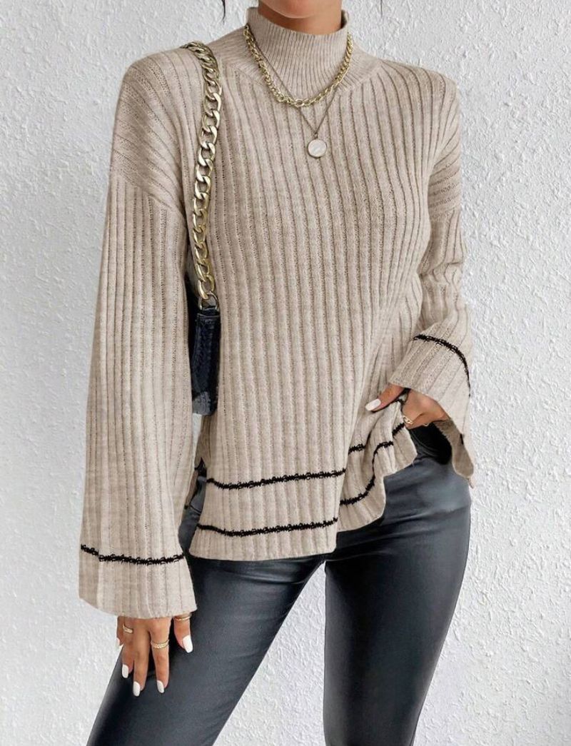 Women's Knit Sweater Long Sleeve Loose Fit Color Block Casual Pullover For Autumn - White, Beige, Black (XS/S/M/L)_voghion.com