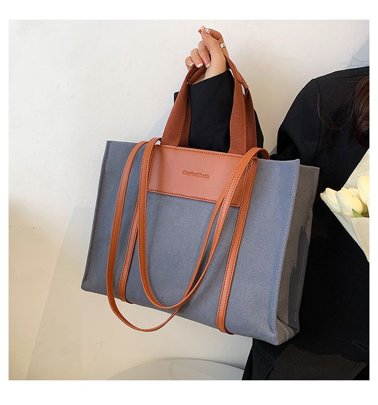 Borse tote da donna, semplici borse tote da donna con colori di tela a contrasto e tracolla singola di grande capacità._voghion.com